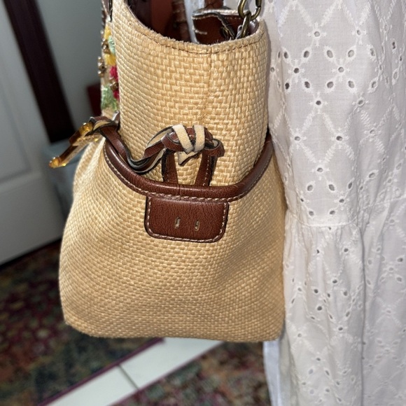 Fossil  straw satchel  Crossbody bag embroidered/beads tan/brown leather trim - Picture 10 of 17
